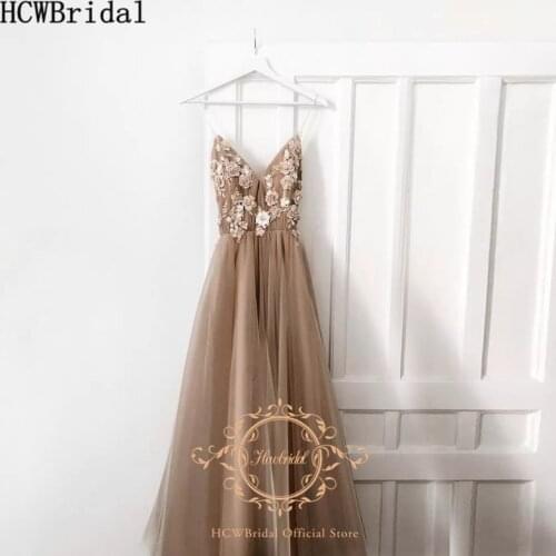 Long 2021 Formal Evening Dress Plus Size Khaki Flowers Tulle Spaghetti Straps Sexy Wedding Party Occasion Gowns Vestido De Festa