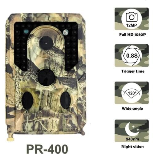 PR-400 12MP 1080P Trail Camera 34pcs Infrared LEDs 940nm Hunting Camera IP56 Waterproof 120 Degree Angle Wild Camera