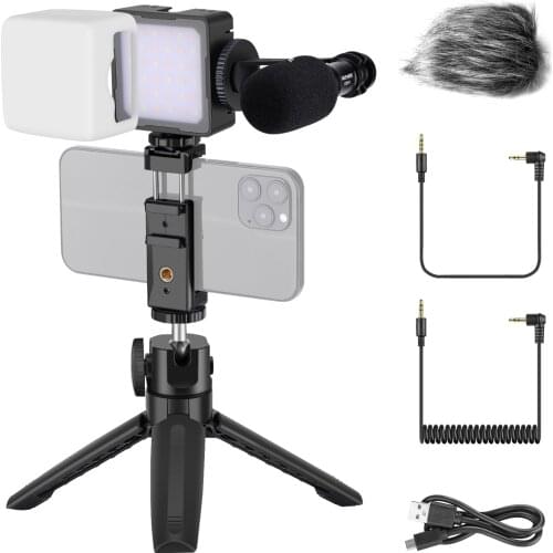 Neewer Vlogging Kit Smartphone Camera Video Microphone Kit: 2800~8500K LED Light/CM14 Microphone/Mini Tripod for Vlogger YouTube