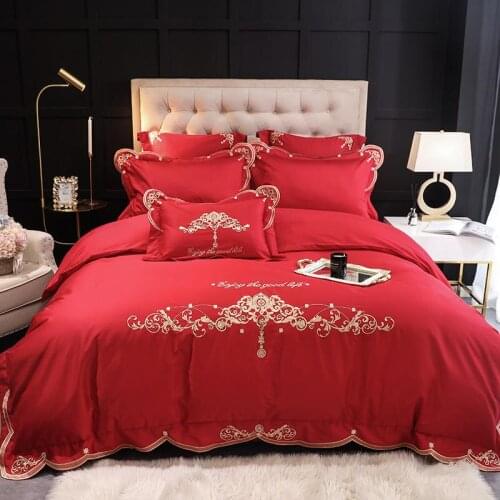 60S long-staple cotton Bedding Set Big red Bed Set Mocha embroidery Duvet Cover Set Bed Sheet Pillowcases Queen King size