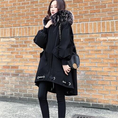 Parker Cotton Jacket Womens Winter New Hooded Fur Collar Solid Color Bat Sleeve Zipper Fashion Loose Commuter Coat Top 100KG