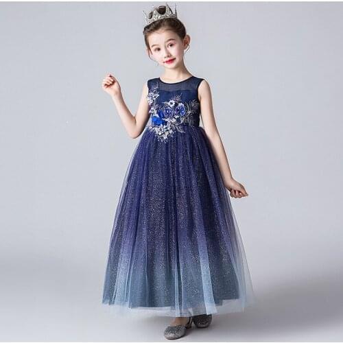 Summer Girl Lace Gown Flower Girl Dress For Weddings Western Style Lovely Flower O-neck Sleeveless Big Girls Long Blue Ball Gown