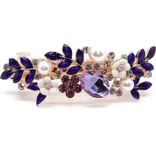 Trendy Hair Jewelry Luxury Purple Crystal Women Hairclip Floral Leaf Diamante Hair Barrette Rhinestone Pearl Girls Clips