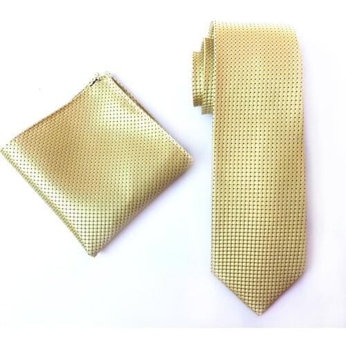 Mens Necktie Set Yellow Checkered Ties with Woven Pocket Square