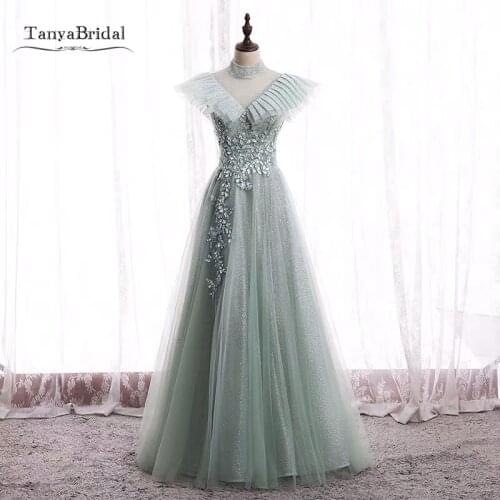 Mint Green Summer Prom Dresses High Illusion V Neck Open Back Sweep Train Lace Tulle Formal Evening Gown JQ759