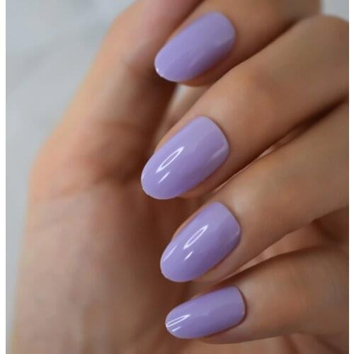 24pcs Purple Artificial False Nail Set Full Cover Medium Long Pure Color Glossy Press On Oval Fake Nails Art Tip With Jelly Glue