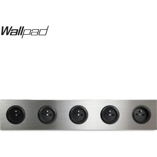 Wallpad Grey 5 Gang Frame Quintuple French Wall Electric Socket Power Outlet Silver Satin Brushed Aluminum Panel 430 * 86 mm