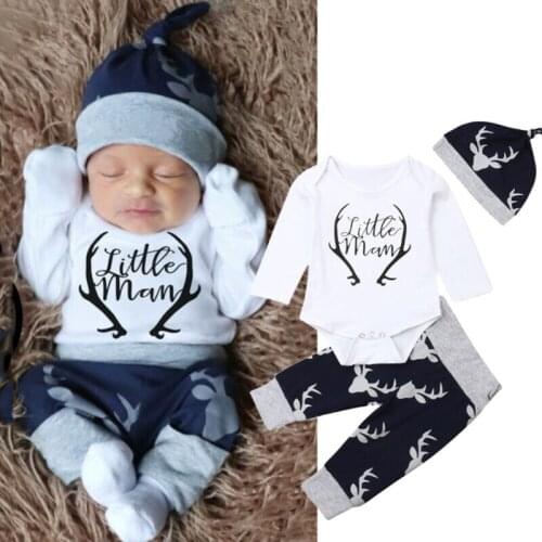 New Baby Boys Christmas Clothes Girls Deer Print Long Sleeve Romper+ Pants +Hat Outfits 3pcs Clothes Newborn Xams Set