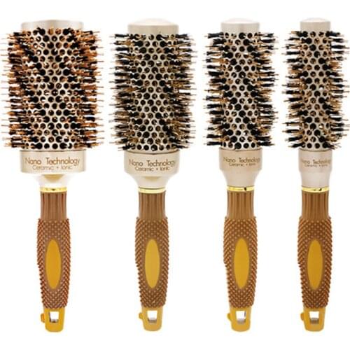 New Handle Nano Technology Ceramic Round Brush For Blow Drying Ionic Protect Natural Boar Bristle Hair Aluminum Barrel Brushes