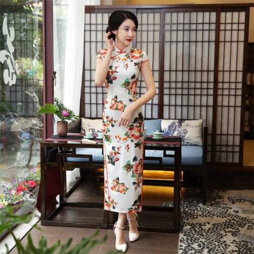 New Traditional Chinese Vintage Long Cheongsam Short Sleeve Qipao Party Stage Performance Dress Women Clothing Wholesale