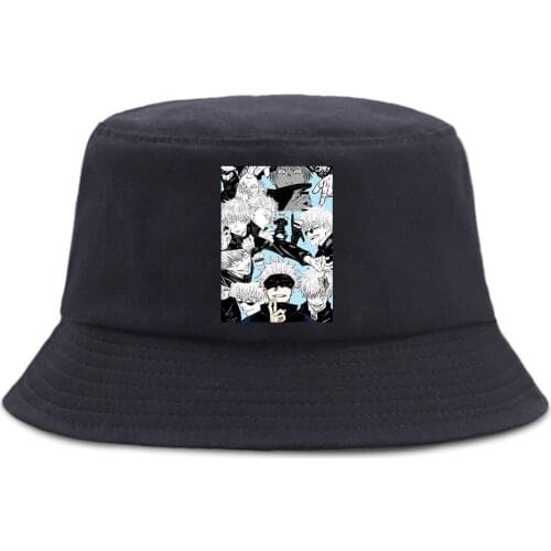 Satoru Gojo Jujutsu Kaisen Characters Print Bucket Cap Hip Hop Panama Caps Sun Shade Fisherman Hat Quality Beach Fishing Hats