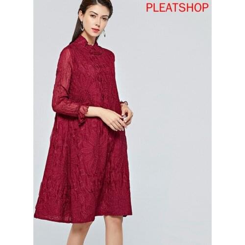 Industrial Embroidery High-End Dress Women 's 2020 Spring Miyake Pleated Gauze Petal 7 Points Sleeve elegant dress vestidos