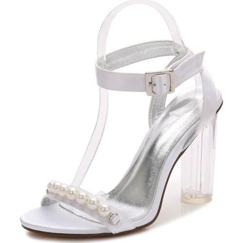 Clear Satin Pearls Heeled Wedding Sandals for Bride Open Toe Ankle Buckle Strap High Heels Prom Evening Formal Party Sandals