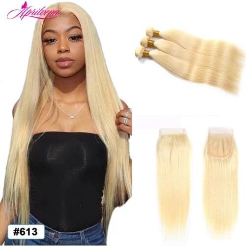 Aprilvenn 613 Blonde Straight Brazilian Hair Weave Human Hair Bundles with Closure 3 4 Remy Hair and a Lace Frontal Closure