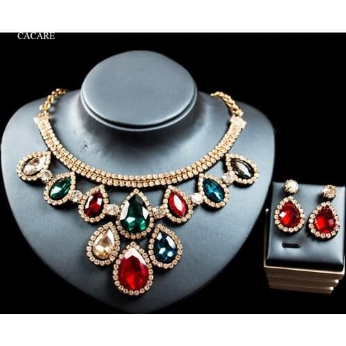 SALE Dubai Jewelry Sets Women Big Necklace Earring Set Indian Jewellery Rhinestone Party Jewels 12 Colors F1159 CACARE