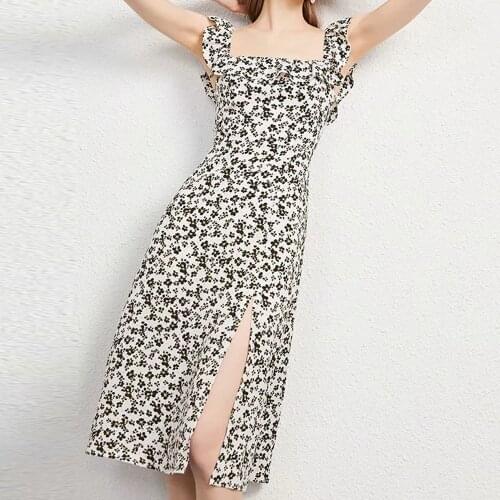 Summer Vintage Print Tank Dress 2021 Sleeveless Ruffles Floral vestidos Elegant Casual Split fork Knee-Length midi Dresses Cloth