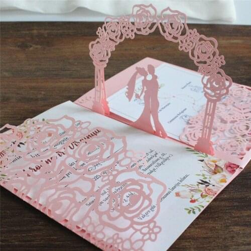 Pop Up Invitation Wedding Rose Couple Laser Cut Pocket Pink White Customized Text Printing Party Decoration Supply