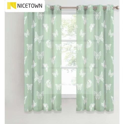 NICETOWN Faux Linen Blend Textured Sheer Drapes Flutter Butterfly Pattern Print Curtains for Pastoral Dining Kitchen Cafe