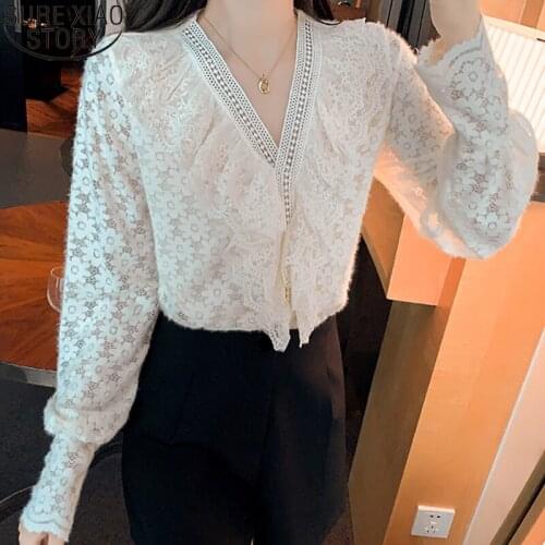 Hollow Shirt Women Blouses New French Style Sweet Lace Blouse White Apricot Autumn Long Sleeve V-neck Ruffles Tops Shirts 17251