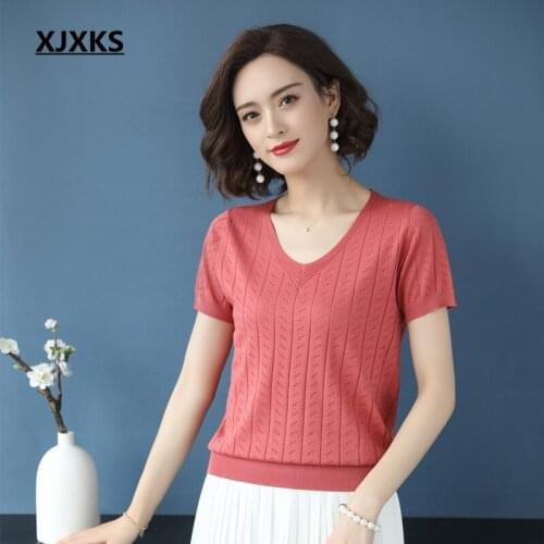 XJXKS Women Sweaters And Pullovers Thin Short Sleeve Solid Color Young Women Pull Femme Soft Comfortable Women Pullover Sweaters