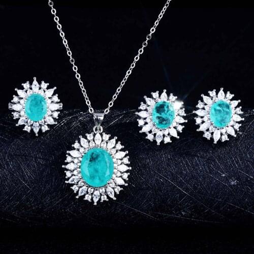 Nature Stunning Paraiba Tourmaline 925 Sterling Silver Jewelry Set Ring Earring Necklace for Women Brazil Fine Jewelry Gift