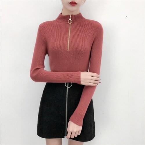 Women Circular Zipper Slim Sweaters Autumn Winter Half High Collar Pullover Solid Color Slim Knit Jumper Big Size Pull Femme