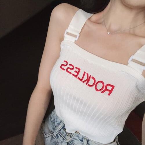 Hi Girl Women New Letters Slim Knitted Spaghetti Sexy Embroidery Crop Top Camisole White Black Female
