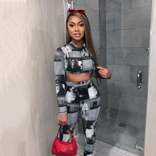 Womens Tracksuit Long Sleeve Trousers Printed Leggings Fashion Net Yarn Leisure Two Piece Set Vetement Femme 2021 Sportswear