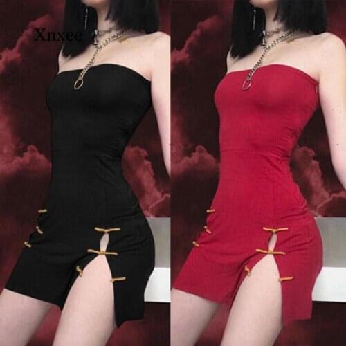 Womens Summer Fashion Sexy Slim Skinny Solid Black Vintage Hot Sleeveless Strapless Sheath Party Club Split Short Dress