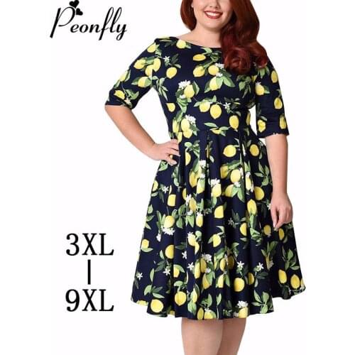 PEONFLY Large Size 4XL 5XL 6XL 7XL 8XL Women Dress Vintage Zipper Floral Printed Tunic Big Swing Dress Plus Size Dresses Women