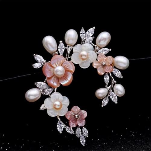 2020 New Elegant Natural Pearl Shell Brooch Pin Luxury Zircon Flower Branch Brooches For Women Accessories Jewelry Broches Mujer