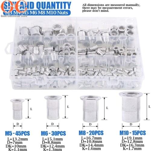 210Pcs Aluminum Alloy M3-M10 Flat Head Metric Threaded Rivetnut Insert Nutsert Rivet Nut Assortment Kit bolts and nuts