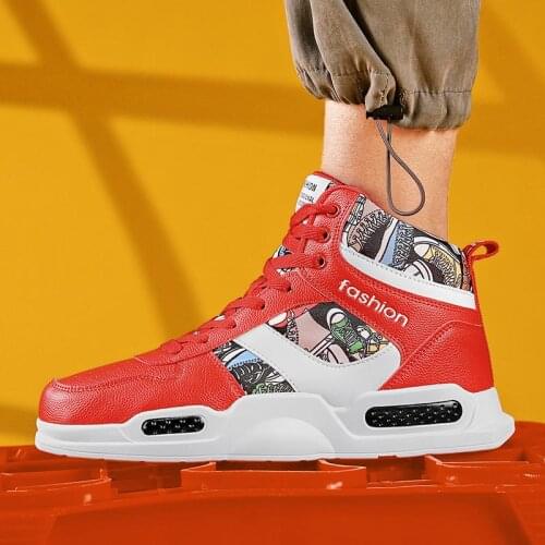 High-top PU Leather Mens Sneakers Red Sports Shoes Mens Running Trainers Men Sport Shoes Training Fitness Baskets Work E-1000