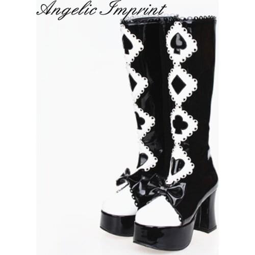Alice in Wonderland Series Black and White Gothic Queen High Heel Platform Lolita Cosplay High Boots