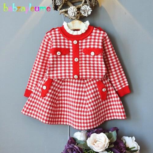 2Piece Fall Winter Children Boutique Outfits Clothing Sets Fashion Plaid Korean Knit Kids Sweater+Skirt Baby Girls Clothes 1993