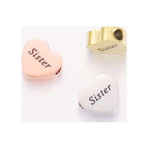Fnixtar 20Pcs Engrave Sister Heart Beads Mirror Polish Stainless Steel Beads For DIY Making Necklace Braid Bracelets Jewelry