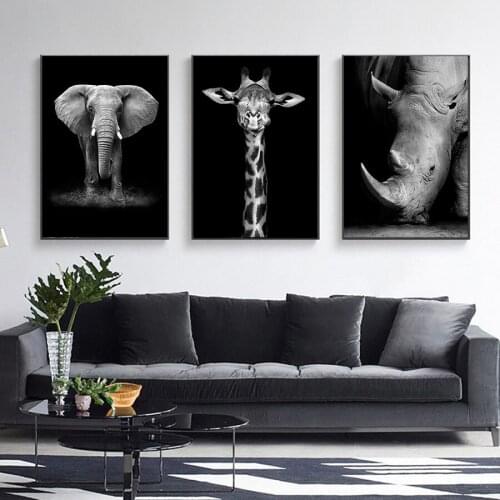 Canvas Black White African Animals Zebar Lion Rhino Elephant Poster and Prints for interior Large Pictures Painting Home Decor