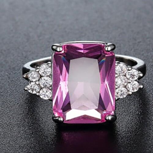 Milangirl Ladies Womens Exquisite Inlaid Pink Cubic Zircon Crystal Rhinestone Silver Color Metal Ring for Party Wedding Jewelry