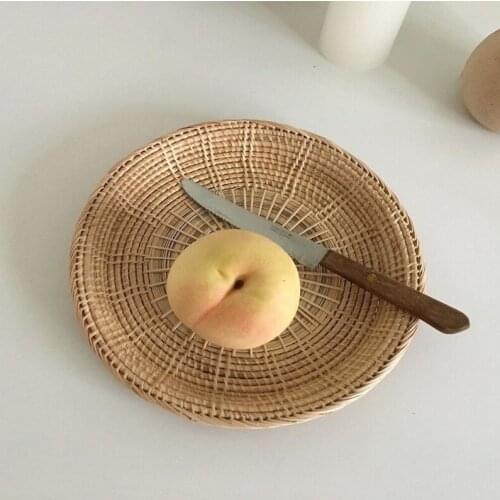 Rattan Handwoven Round Hand-Woven Storage Tray Food Storage Platters Plate Over Handles For Breakfast Drink Snack For Coffee Tea