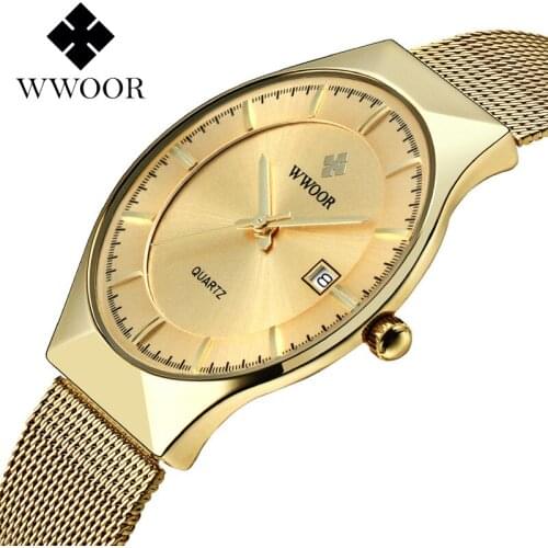 Top Brand Luxury WWOOR 8016 Mens Watches Stainless Steel Band Wrist Watch Quartz Ultra Thin Dial Fashion Business Wristwatches