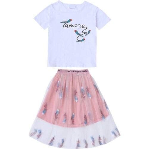 Girls Summer Skirt Set 2020 Children Feather Mesh Skirt + Short Sleeve t-shirts Outfits Fashionable Kids Casual Clothing Set