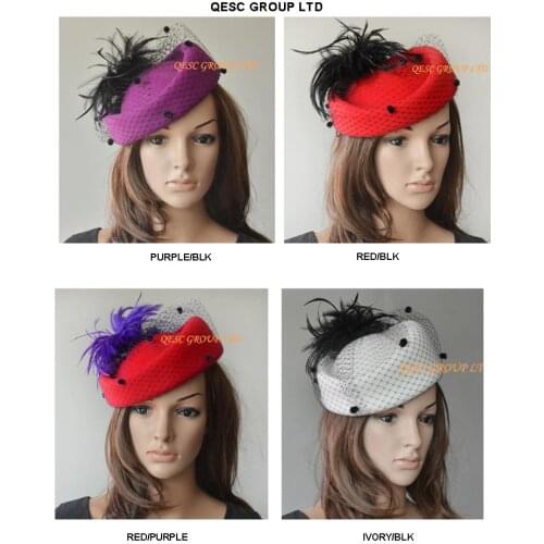 NEW 4 colors.100% WOOL Felt Hat/cap for winter races wedding Kentucky derby,feathers and dot veiling.FREE SHIPPING