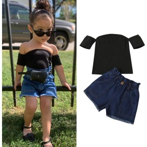 Toddler Kids Baby Girls Clothes Summer Suit 2pcs Black Off Shoulder Tops Denim Shorts Clothing Outfit Set For Girl 1-6Y
