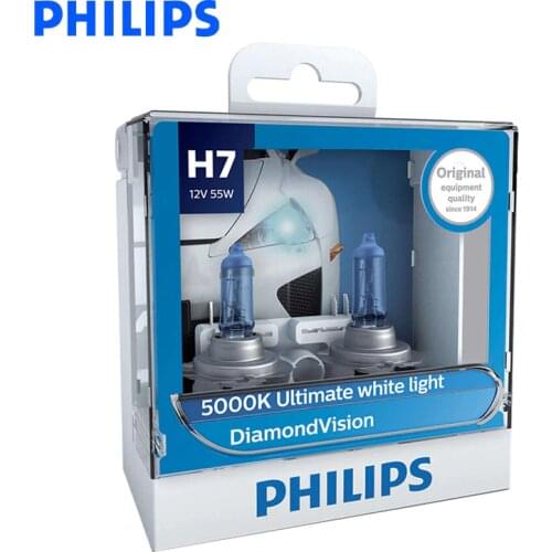 Original Philips H7 12V 55W PX26d Diamond Vision 5000K Super White Light Halogen Bulbs Auto Headlight 12972DV S2, Pair