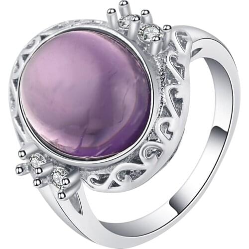 Luxury Purple Color Round Big Opal Stone Charm Silver Rings For Woman Wedding party Jewelry fashion engagement Ring drop shippin