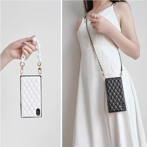 Luxury Plaid Lambskin Leather Square Handbag Case Cover For Samsung Galaxy S21/20/10 Note10 20 Ultra Plus A90 Crossbody Bag