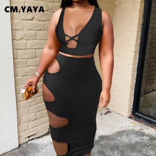 CM.YAYA Cut Out Sexy Party Club Women Two 2 Piece Set Outfits Tank Tops and Hollow Out Maxi Midi Skirts Matching Set Tracksuit