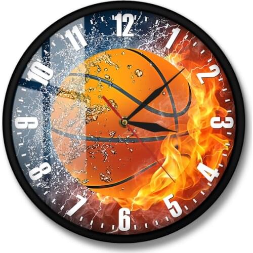Sport Gift For Sportsmen Home Decor Boys Bedroom Frameless Wall Clock Half In Water Half In Fire Basketball Silent Wall Clock