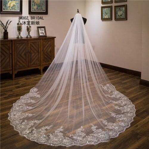 3 Meters Long Bridal Veils Sequins Lace Rounded Cut Edge Two Layers 2018 Wedding Veil