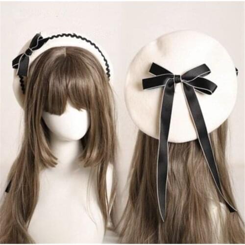 Warm Winter Lolita Berets Wool Blend Hat Women Girls Lace Bow Women Winter Painter Cap B1625